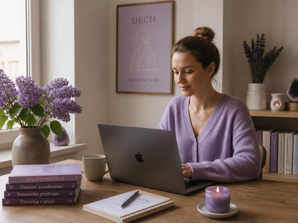 Žena v klidu studuje online kurz na notebooku